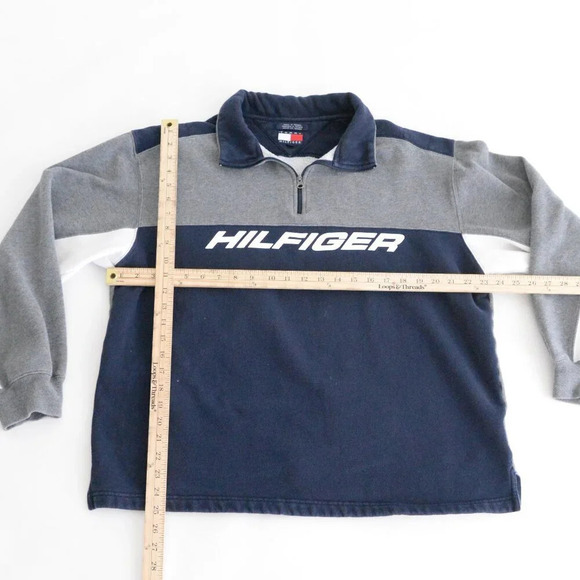 Vintage 90's Tommy Hilfiger Gray And Navy Half Zip Pull Over Sweater Size Large - Picture 3 of 10